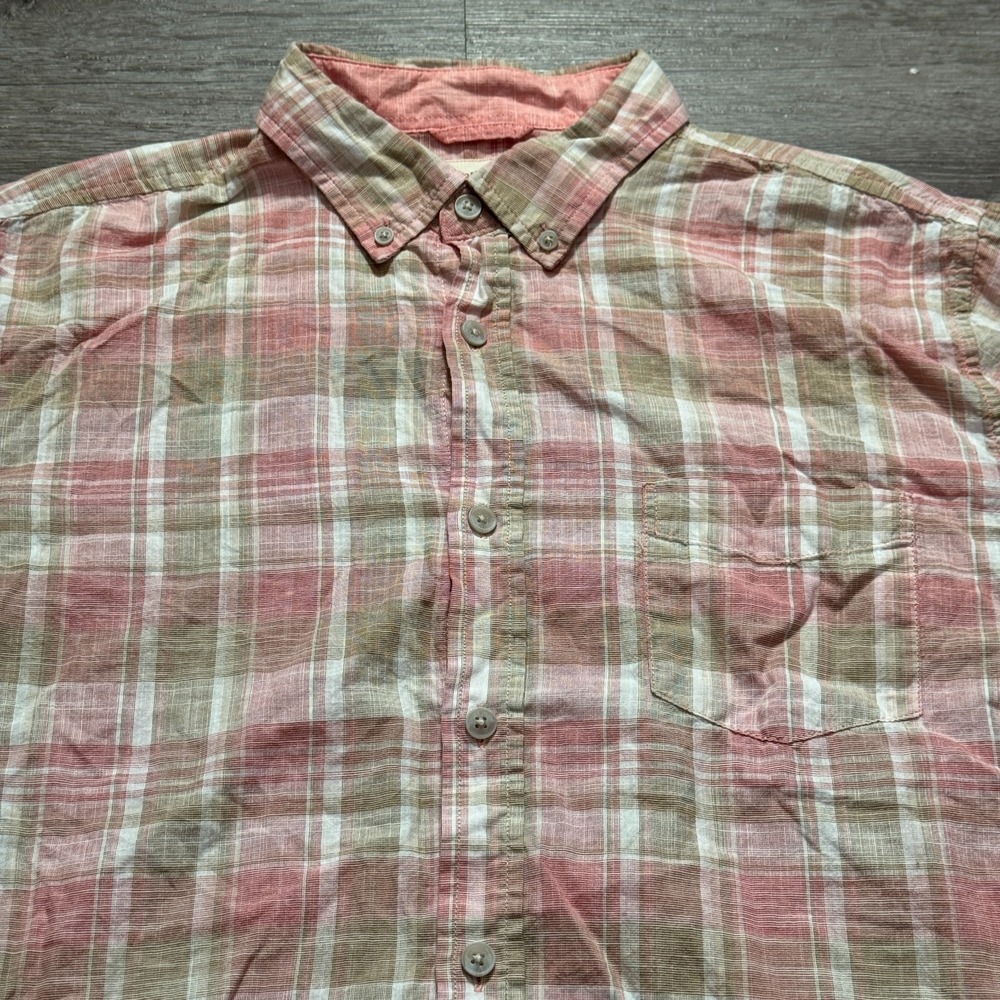 Weatherproof Vintage Shirt Mens Large Pink Plaid 100% Cotton Short Sleeve Button